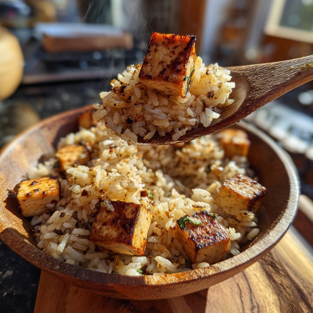 Crispy Tofu Garlic Rice Bowl